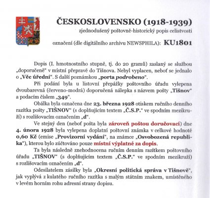 Celistvost – Dopis zaslaný do Tišnova, razítko "Tišnov"  s doplňujícím textem "Č.S.R"  23.III.28  – viz popis na skenu