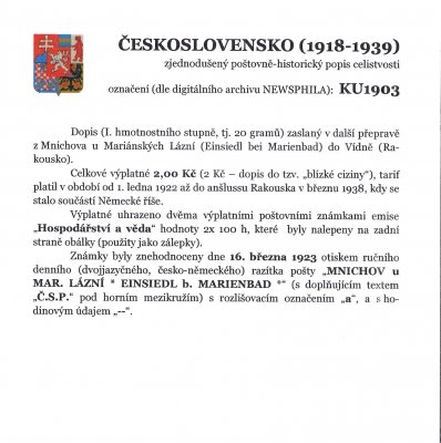 Celistvost -  Dopis zaslaný z Mnichova u Mariánských Lázní do Vídně, razítko " MNICHOV U MARIÁNSKÝCH LÁZNÍ *  EINSIEDL BEI MARIENBAD", 16.III.23 – viz popis na skenu