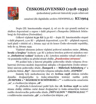 Celistvost -  Dopis zaslaný z Šumperku  do Frývaldova, razítko "ŠUMPERK 1 * MÄHRISCH SCHÖNBERG 1 " 17.V.38 – viz popis na skenu