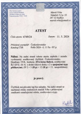 11 Fa, STp, řz 13 3/4:11 1/2, 4blok s 2x spojenými přičkovými typy na ZP 2,3,/II. TD, černofialová 25 h, zkoušeno a atest Vrba