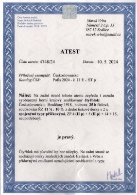 11 E, STp, řz 11 1/2:10 3/4, krajový 4blok s 2x spojenými přičkovými typy na ZP 4,5/II. TD, fialová 25 h, zkoušeno Karásek, Vrba a atest Vrba