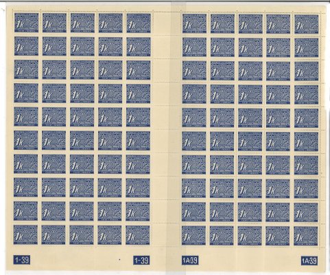 DL 9 ; 1 K modrá - 100kusový arch s  Dč 1 -39, 1A-39, unikátní 