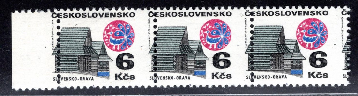 1881 xa, lidová architektura, krajová vodorovná třípáska 6 Kč s posuny svislé perforace do obrazu známek, zkoušeno Karásek