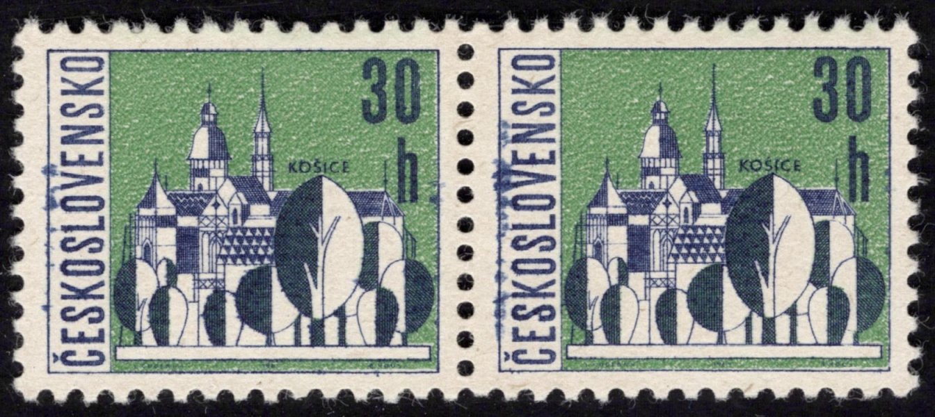 1483 VV, města, 30 h, Košice, dvoupáska barevné modré šmouhy ve svislém rámečku s názvem státu, hezké 


