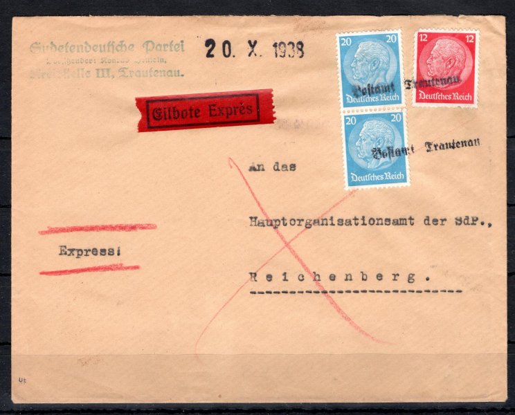 DR/Trutnov; spěšný dopis vypl. 12 Pf + 2x 20 Pf, řádkové raz. Postamt Trautenau + datumovka
20. X. 1938, odeslaný Sudetoněmeckou stranou v Trutnově na ústředí SDP v Liberci