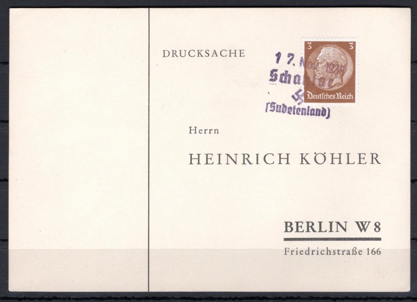 DR/Žacléř; lístek / tiskopis se známkou 3 Pf, raz. Schatzlar / (Sudetenland) + datumovka 17.
Nov. 1938, adresovaný na firmu Heinrich Köhler v Berlíně, filatelisticky motivováno