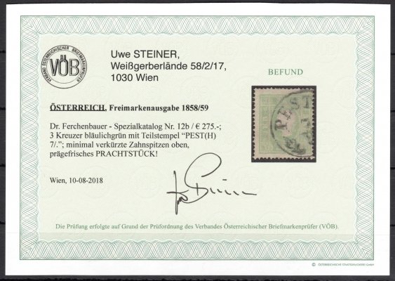 12 b, bläulichgrün; 3 kr, namodrale zelená, raz. PESTH, atest Steiner, ANK € 250.- 