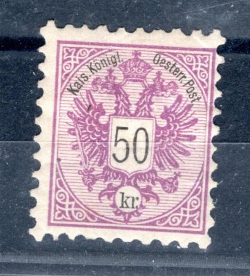 49 aA; Orlice 1883, nejvyšší hodnota 50 Kr fialová s "lepším" zoubkováním 9 1/2, neznatelná stopa, Michel speciál pro známku  ** 3600 EUR