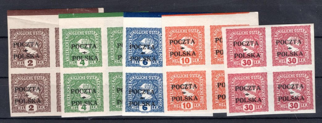 Polsko - Mi. 49 - 53, přetisk na rakouských známkách Merkur, 4 bloky, vzácné a hledané, 4 x krajový