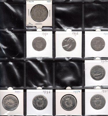 Lot 54 mincí MALTA 1971-2004 cent, lira, mils, oběžné mince, průřez daného období, rozprodej sbírky