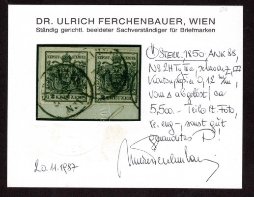 2 X III Michel, dvoupáska  2 Kr černá, I. emise na kartónovém papíru 0,12 mm. Z důvodu změření tlouštky papíru sundáno z výstřižku, plný střih, zkoušeno + atest Ferchenbauer 