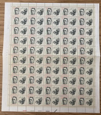2972 Andrej Kmeť 1 Kčs, kompletní arch, 50 známek a 50 kupónů (A, 4. X. 90), s katalogovou vadou DV 23/1