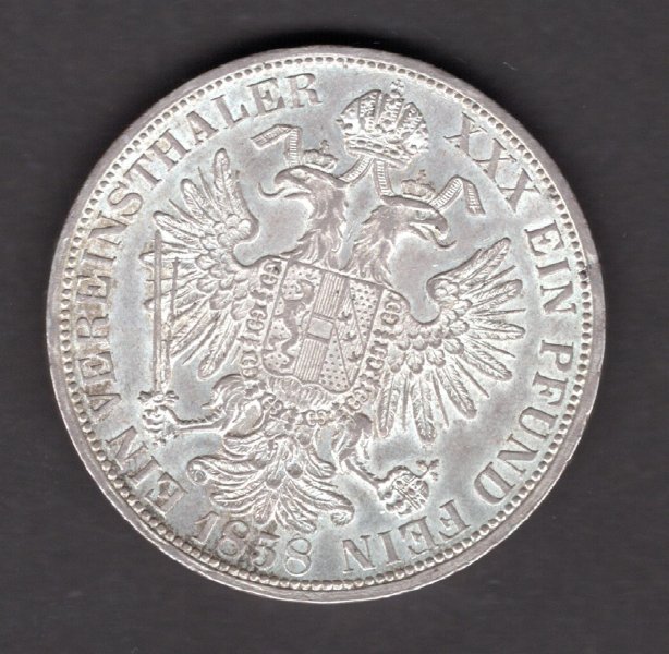 Austria  1 Vereinsthaler 1858 A FRANZ  JOSEPH I. Vienna	KM#2244, Ag.900, 18,44g, 33mm mint Vienna