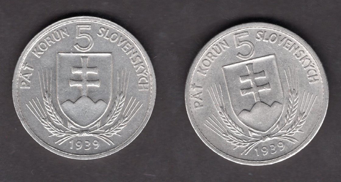 Slovak rep. WWII. 5 Koruna 1939 Lot of 2 coins both variant "Á" in "NÁROD" KM#2 Nickel 8g, 27/1,9mm  engraver Hám,Peter
