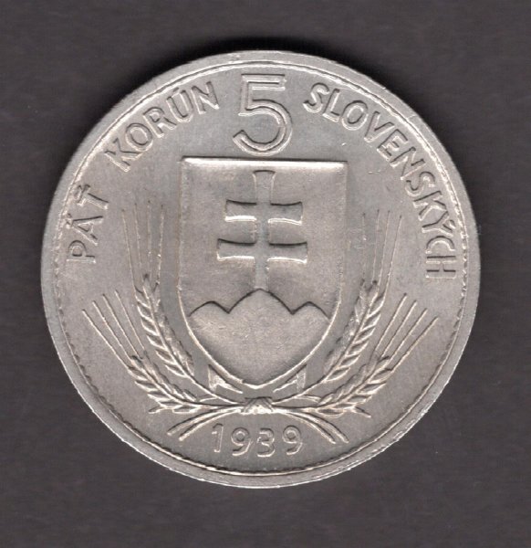 Slovak rep. WWII. 5 Koruna 1939  variant wide  "Á" in "NÁROD" KM#2 Nickel 8g, 27/1,9mm  engraver Hám,Peter
