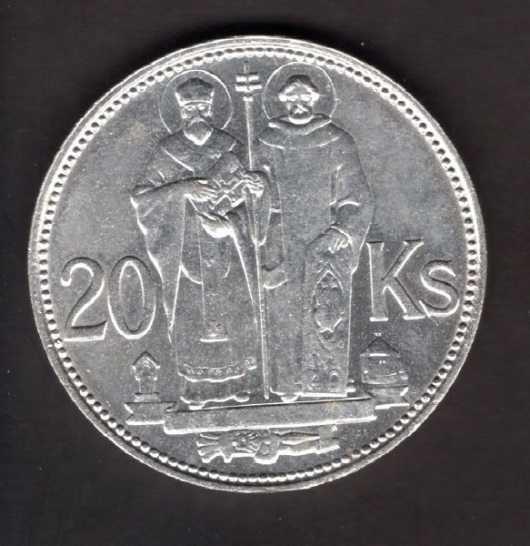 Slovak rep. WWII. 20 Koruna 1941 Cyril and Methodius variant "double bar cross"	KM#7.2 Ag.500 15g 31/2,5mm  engraver F.Štefunko