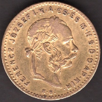 Hungary 10Francs/4Forint 1885 K.B. FRANZ JOSEPH I. Kremnica KM#466,ÉH#1455 Au.900 3,22g 19/1mm mint Kremnica
