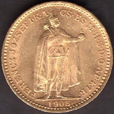 Austria -Hungary 20 Korona Hungary 1908 K.B. FJI. KM#486,ÉH1489, Au.900 6,79g, 21/1,4mm mint Kremnica  