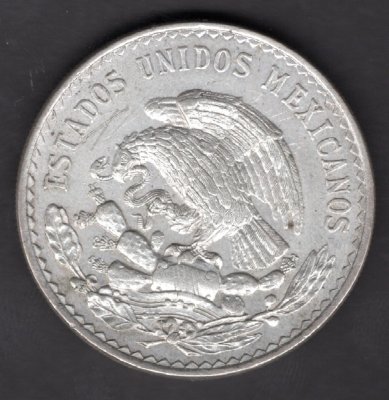 United Mex. states 1 Peso 1947  Mo Mexico KM#456.3 Ag.500  14g 32/2mm mint Mexico city
