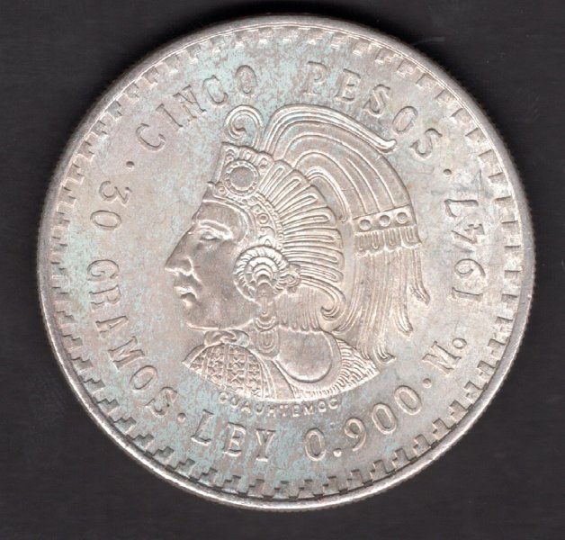 United Mex. states 5 Pesos 1947 Mo Mexico KM#465 Ag.900  30g 40/4mm mint Mexico city
