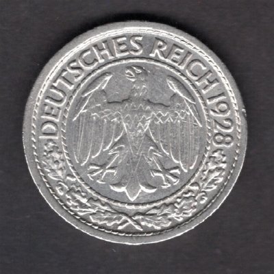 Deutches Reich 50 Reichspfennig 1928 E J#324   Weimar Republic , Nickel  E Muldenhütten
