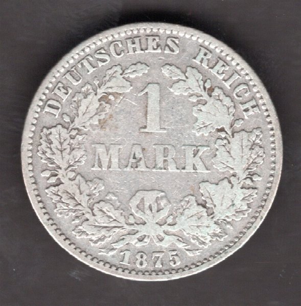 Deutches Reich 1 Mark 1875 J  large shield J#9 Ag.900 5,556g, 24/1,4mm  Wilhelm I. J Hamburg

