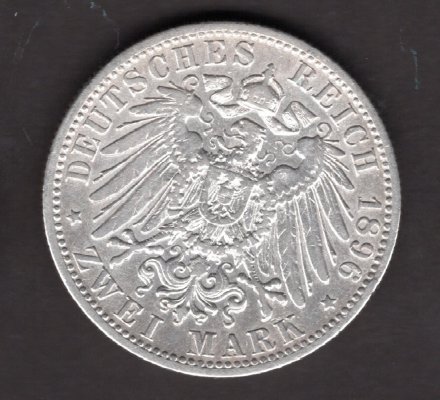 Deutches Reich 2 Mark 1896  F Koenig von Wuerttemberg J#174, Ag.900 11,10g, 27,82/2,16mm F Stuttgart  patina

