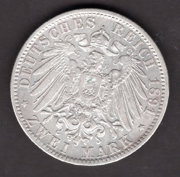 Deutches Reich 2 Mark 1891  D Koenig von Bayern J#45, Ag.900 11,10g, 28/1,92mm D Munich  patina
