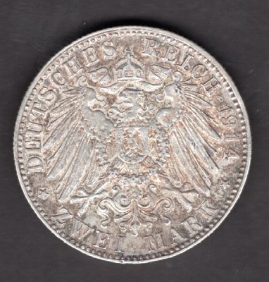 Deutches Reich 2 Mark 1914 D LUDWIG III.  J#51, Ag.900 11,14g, 28/2,1mm D Munich  
