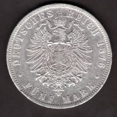 Deutches Reich 5 Mark 1876  F Koenig von Wuerttemberg KARL I. J#173, Ag.900 27,68g, 38/2,7mm F Stuttgart
