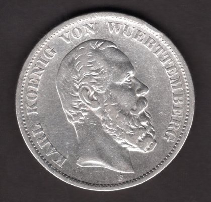 Deutches Reich 5 Mark 1876  F Koenig von Wuerttemberg KARL I. J#173, Ag.900 27,68g, 38/2,7mm F Stuttgart
