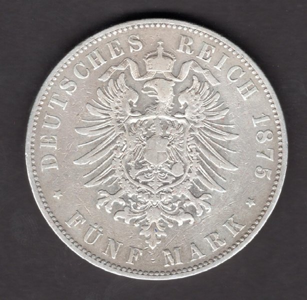 Deutches Reich 5 Mark 1875  H Koenig von Hessen LUDWIG III.J#67, Ag.900 27,68g, 38/3mm H Darmstadt