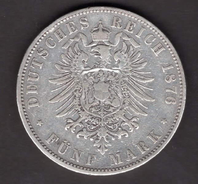 Deutches Reich 5 Mark 1876  H Koenig von Hessen LUDWIG III. J#67, Ag.900 27,68g, 38/3mm H Darmstadt