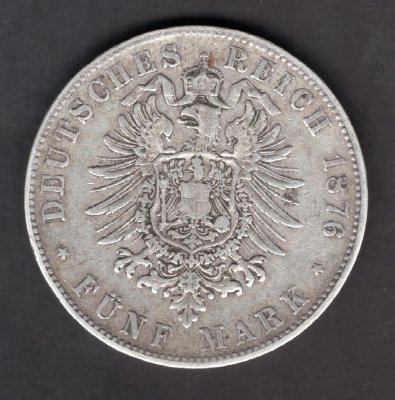 Deutches Reich 5 Mark 1876 G Friedrich I. Fridrich Grossherzog von Baden J#27, Ag.900 27,67g, 38 G Karlsruhe
