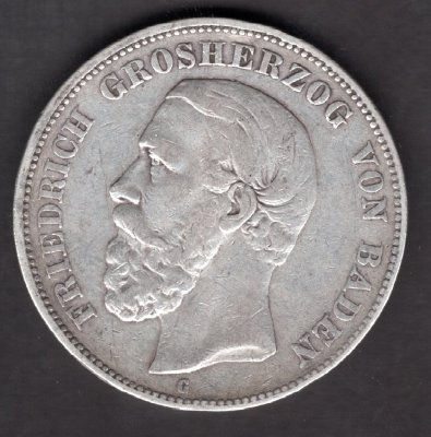 Deutches Reich 5 Mark 1876 G Friedrich I. Fridrich Grossherzog von Baden J#27, Ag.900 27,67g, 38 G Karlsruhe
