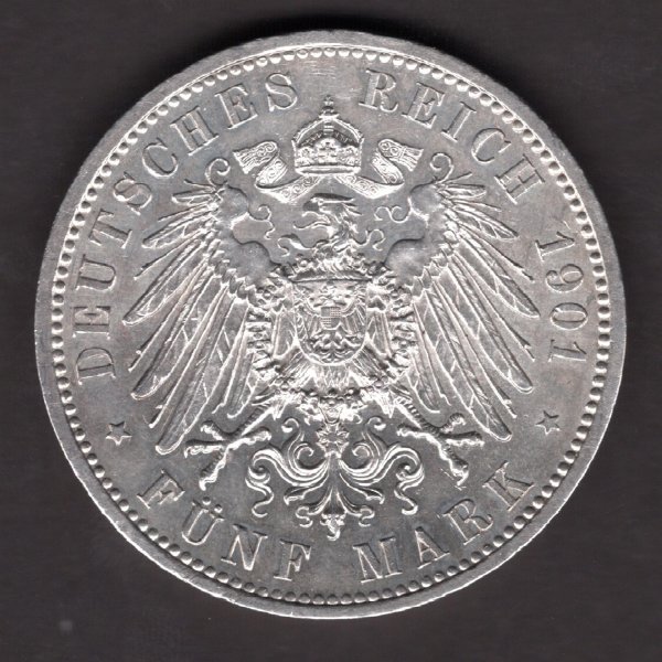 Deutches Reich 5 Mark 1901 A 200th Anniversary of the Kingdom of Prusssia J#106, Ag.900 27,77g, 38/3mm  A Berlin lustr mint