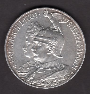 Deutches Reich 5 Mark 1901 A 200th Anniversary of the Kingdom of Prusssia J#106, Ag.900 27,77g, 38/3mm  A Berlin lustr mint