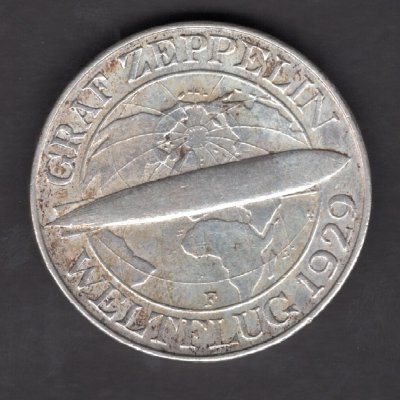 Weimar republic  3 Mark 1930 F  Graf Zeppelin J#342, Ag.500 14,98g, 30/2,1mm F Stuttgart
