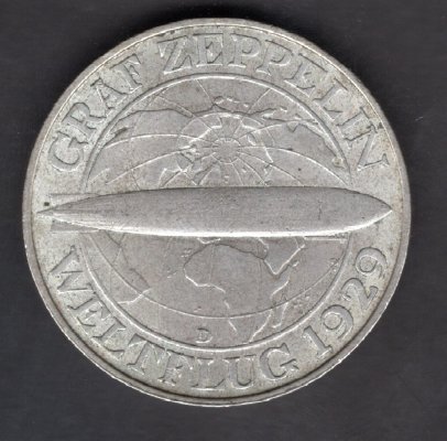 Weimar republic  3 Mark 1930 A  Graf Zeppelin J#342, Ag.500 14,98g, 30/2,1mm D Munich

