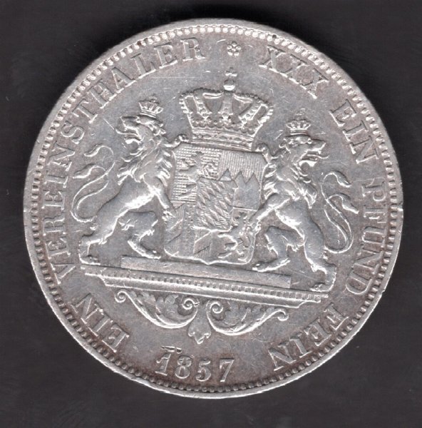 Bavaria 1 Vereinsthaler 1857  Maxilmilian II. Thun#98 Ag.900 18,52g 33mm Munich