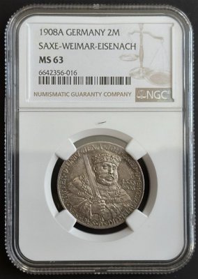 Saxe-Weimar-Eisenach 2 Mark 1908 A WILLIAM ERNEST 350th Anniversary of the University JEN KM#219, J#160 Ag.900 11,11g 28mm mint Berlin
