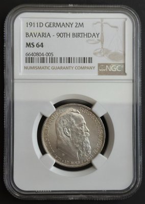 Bavaria 2 Mark 1911 D LUITPOLD 90th Birthday of Prince Luitpold KM#997, J#48 Ag.900 11,11g 28mm mint Munich

