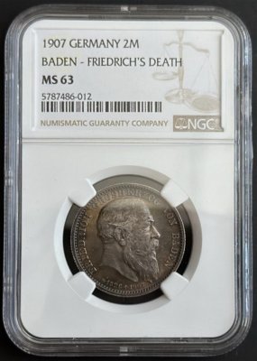 Baden 2 Mark 1907 FREDERICK I. Death of Friedrich I. KM#278, J#36 Ag.900 11,11g 28mm mint Karlsruhe