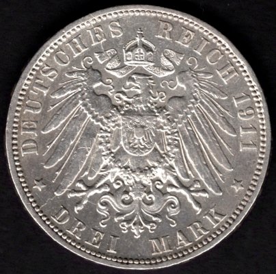 Hamburg 3 Mark 1911 J Free hanseatic City J#65 Ag.900 16,67g 33mm mint Hamburg
