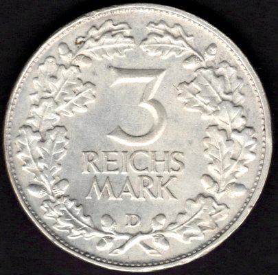 Weimar republic 3 Mark 1925 D 1000th Year of the Rhineland J#321, Ag.500 15,01g, 30/2,5mm D Munich