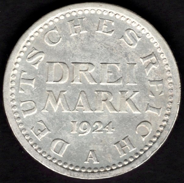 Weimar republic 3 Mark 1924 A  J#312, Ag.500 15g, 30/2,5mm A Berlin