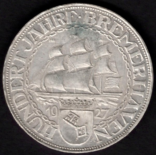 Weimar republic 3 Mark 1927 A 100th Anniversary BREMERHAVEN J#325, Ag.500 15g, 30/2,5mm A Berlin
