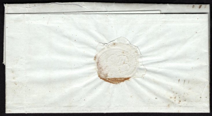 Skládaný dopis vyplacený 3 X I, 15 centes emise I- ruční papír typ I - prvotisk. Těsný střih, známka nezastřižena do obrazu, razítko Breno 14/6 (1850). Rané použití 14. den platnosti známek ( psáno 13/6) 