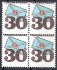 2111xa Poštovní emblémy 30 h, čtyřblok na papíře bp, posun perforace dolů do názvu státu (prochází středem nápisu ČESKOSLOVENSKO), jako čisté zcela výjimečné