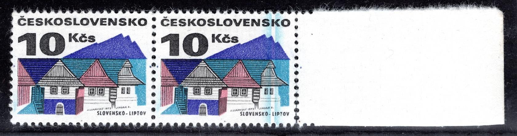 1965xa Lidová architektura 10 Kč, krajová dvojpáska s výraznou svislou "kolejničkou" v modré barvě, pravý okraj široký, papír bp, ve svislé perforaci přeloženo